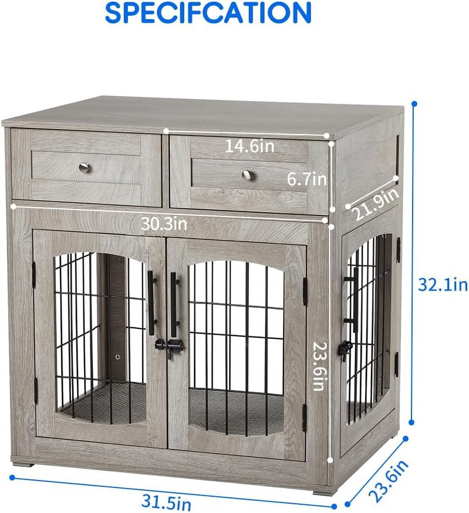 Garvee 3-Doors Dog Crate Furniture, 31.5"L Medium Wooden Dog Kennel with 2 Storage Drawers & Cushion, Gray
