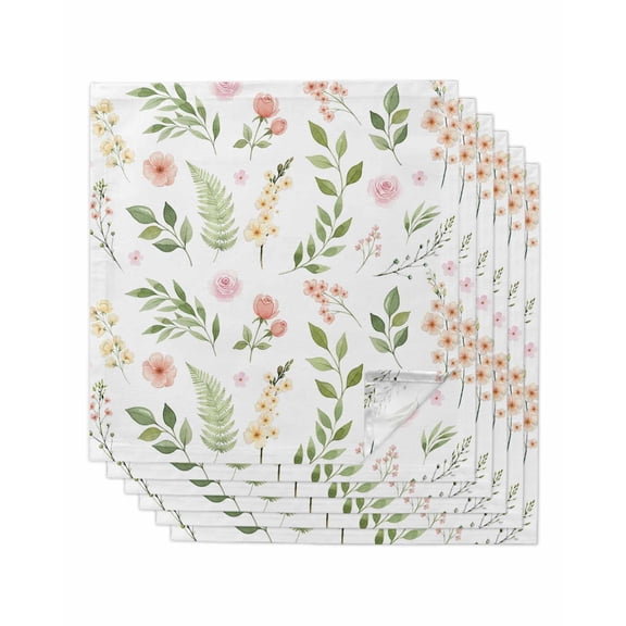 Pink Green Botanical Cloth Napkins Set of 6 Reusable Dinner Napkins, Spring Watercolor Floral Leaf Plant Cocktail Napkin Washable Table Napkins for Wedding/Holiday Party/Baby Shower 20"x20"