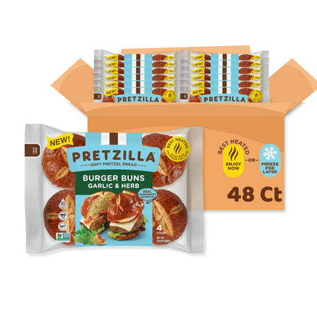 Pretzilla Soft Garlic & Herb Pretzel Burger Buns 12.8oz 4ct Master Case of 12 (48 Buns Total)