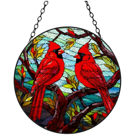 Red Cardinal on Tree Stained Glass Suncatcher Window Hangings Colored Handmade Glass Suncatcher Crafts Kits for Indoor Garden Christmas Decoration 16x16cm(3)