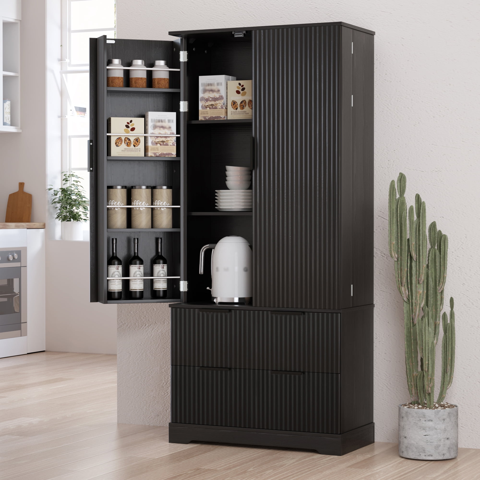 Mintazer 72" Modern Fluted Freestanding Kitchen Pantry Storage Cabinet with 2 Door & 2 Drawers, Large Storage Hutch with 8 Spice Door Racks for Kitchen Dining Room Bathroom, Black