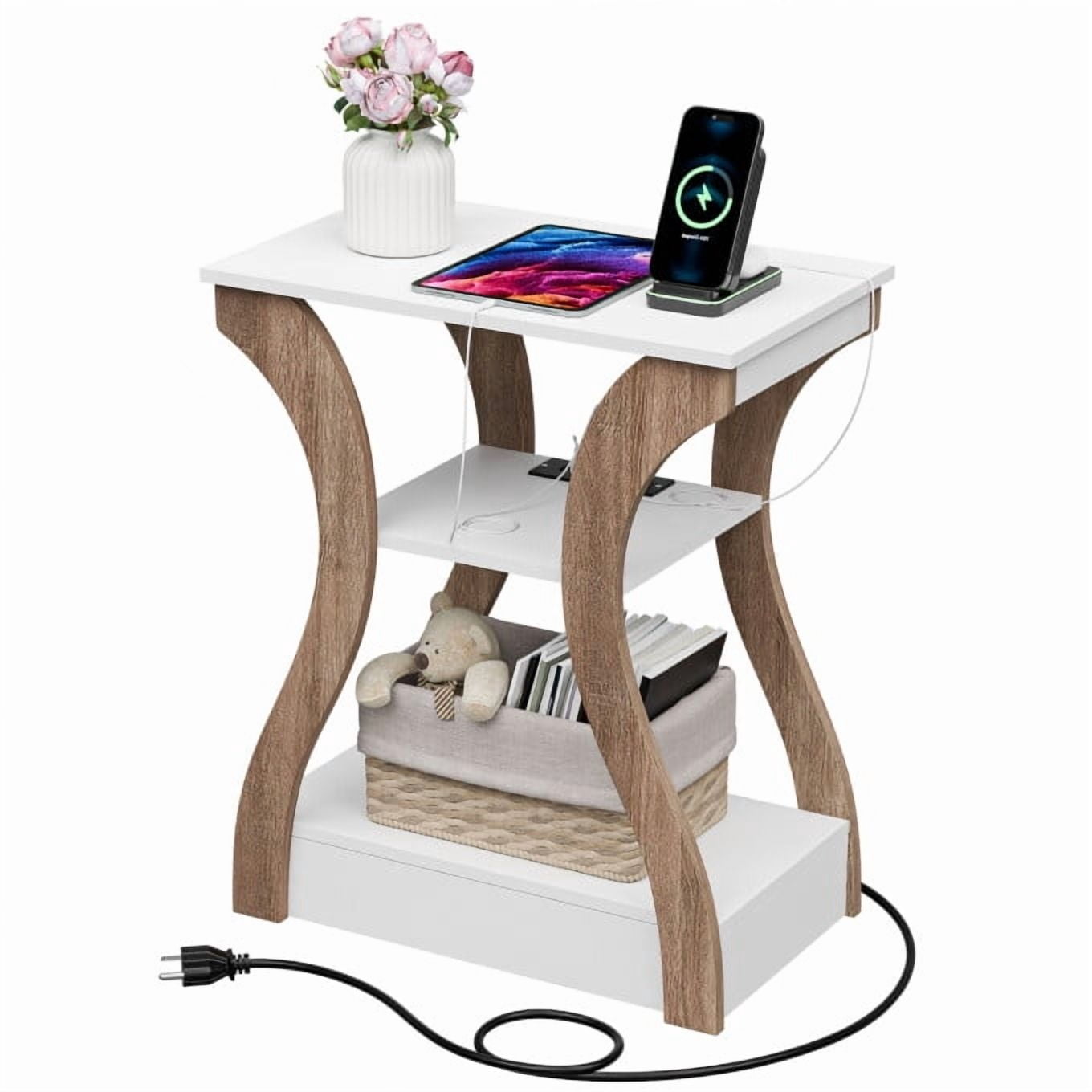 ZENY End Table with Charging Station, Bedside Table with USB, 3 Tier Side Table Nightstand with Storage Shelf for Living Room Bedroom Natural White