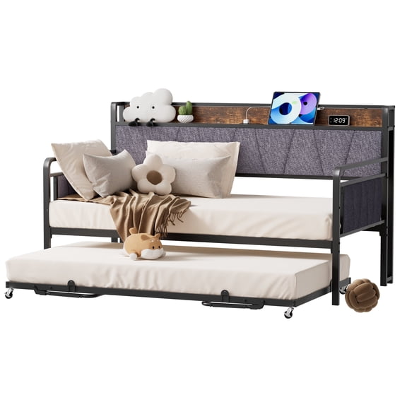 YOEEMZ Twin Daybed with Trundle, Metal Frame with Upholstered Headboard, Storage Shelf & LED, Black