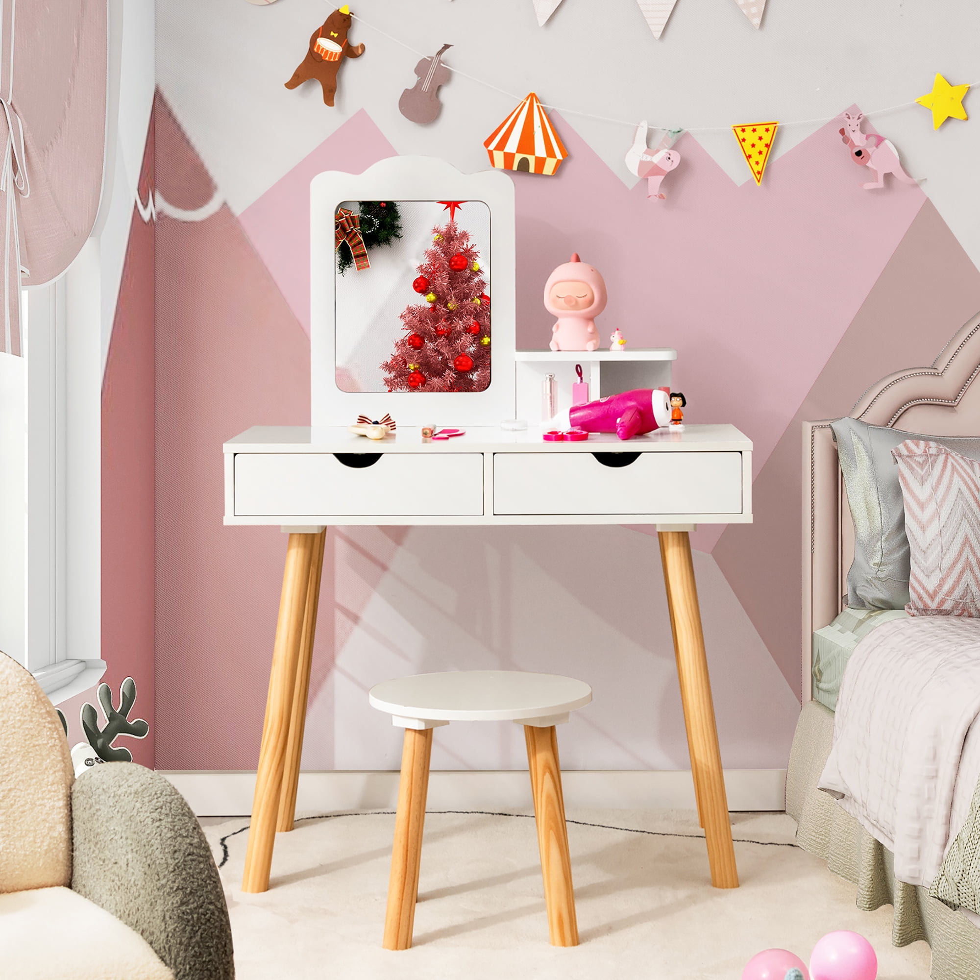 Costway Kid Vanity Table Chair Set with Mirror Large Storage Drawers Wooden Legs White