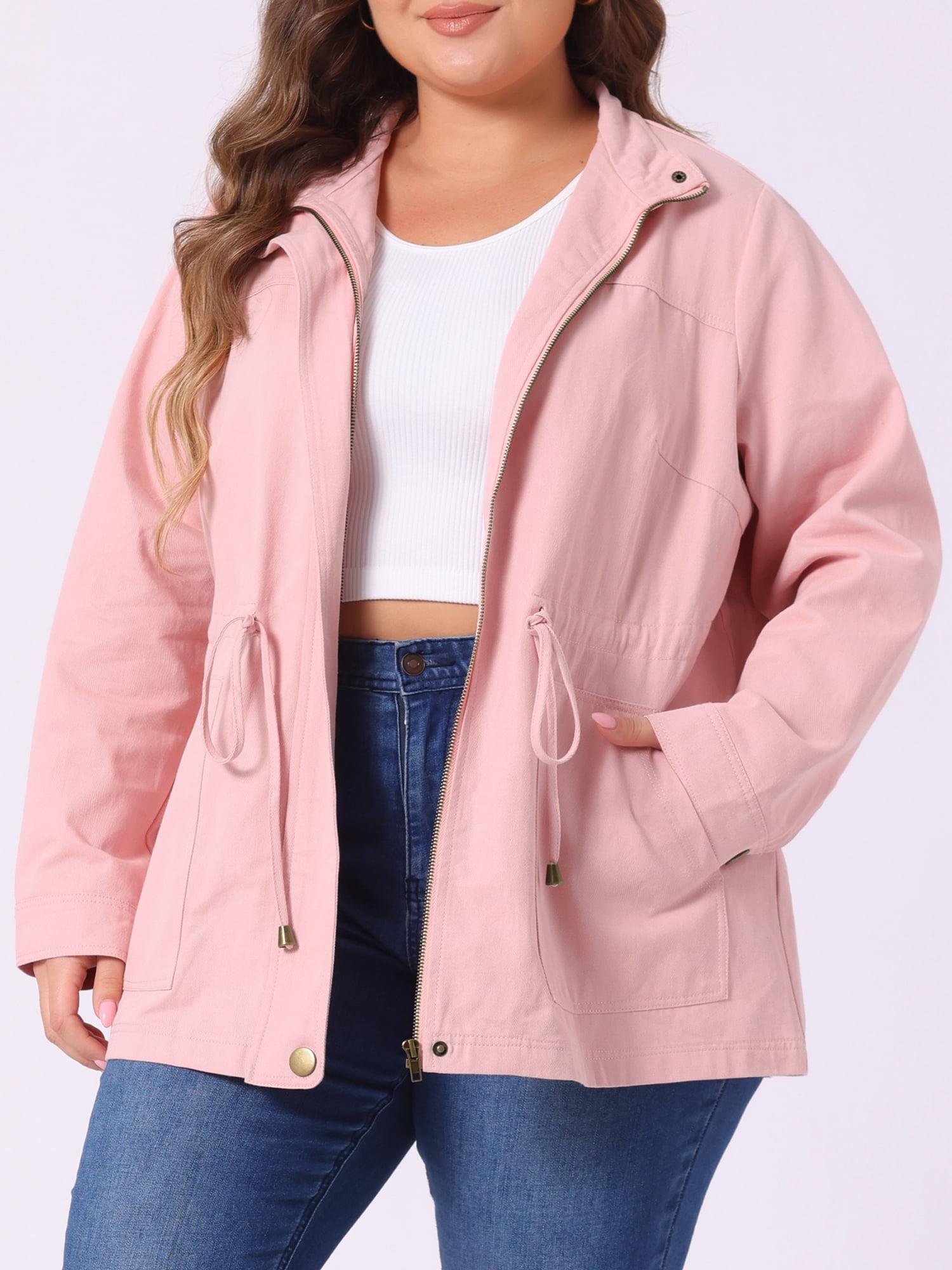 DARING DIVA Women's Plus Size Drawstring Waist Zip-up Utility Jacket 1X Pink