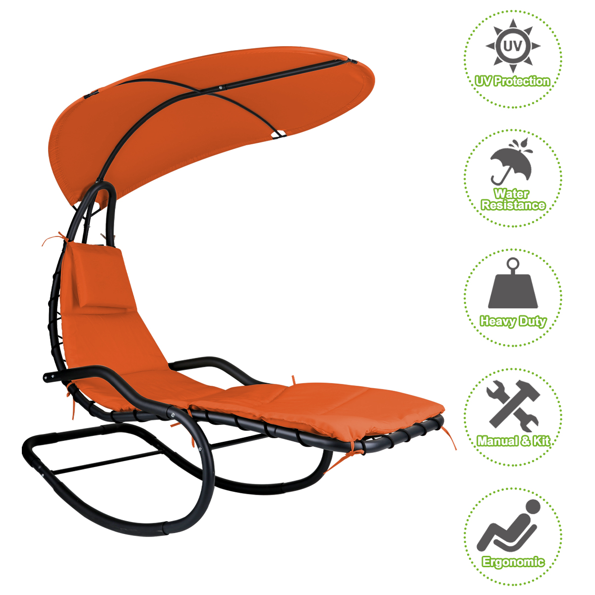 Rocking Hanging Lounge Chair - Curved Chaise Rocking Lounge Chair Swing For Backyard Patio w/ Built-in Pillow Removable Canopy with stand {Orange} - image 5 of 8
