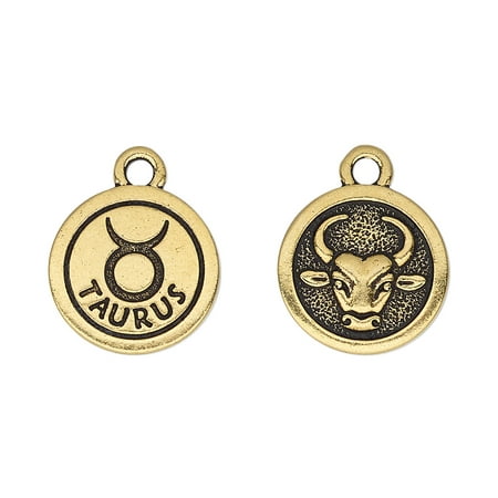 

Charm TierraCast antique gold-plated pewter (tin-based alloy) 15mm two-sided flat round with Taurus zodiac sign and symbol. Sold per pkg of 2.