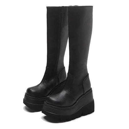 

Hvyes Halloween Deals Western Fashion Platform Boots Chunky Block Heel Boots Women Autumn Lug Sole Non-Slip Leather Boots