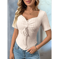 thumbnail image 4 of Women'S Solid Color Casual Short Sleeves Pullover Slim Pleated Short Top Comfort Drawstring Tops Apricot XXL, 4 of 9