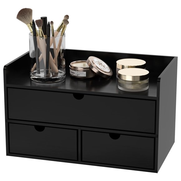 Wisuce Bamboo Desk Organizer - Mini Bamboo Desk Drawer Tabletop Cosmetic Storage Organization for Office or Home Black with Shelf