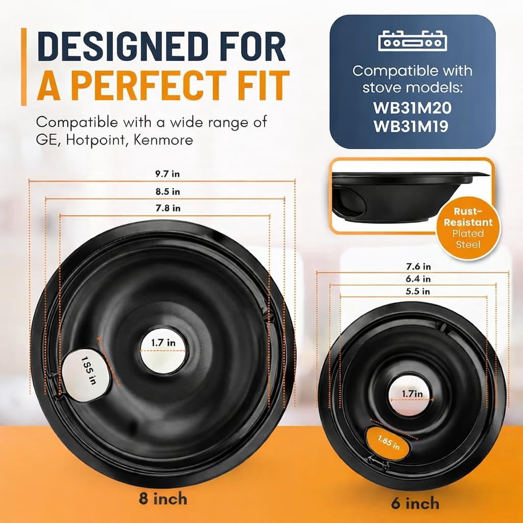 Electric Stove Drip Pans Set of 4 (2 x 6-Inch & 2 x 8-Inch) Replacement Stove Drip Pans for Electric Stove for GE & Hotpoint Ranges - Compatible with WB31M20 & WB31M19 Stove Burner Drip Pan