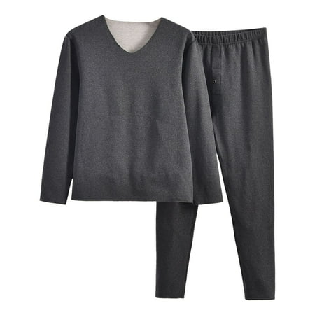 Mens Pajamas Set 2 Piece Relaxed Fit V Neck Long Sleeve Nightwear Pants Base Layer Home Wear Solid Color Mens Pajamas Black XL