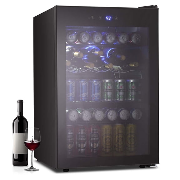Auseo 145 Cans Beverage Refrigerator Cooler, 4.5 Cu.ft Mini Fridge, Black Glass Door, Adjustable Shelf, Bar/Office/Home, Black