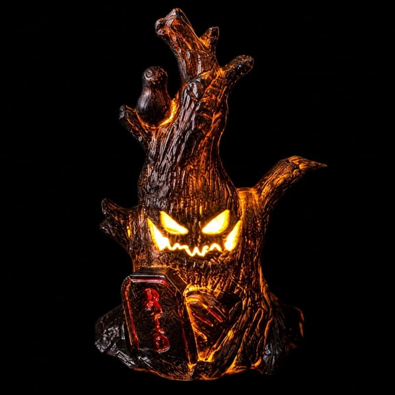 Halloween Spooky Tree LED Light With Glowing Yellow Eyes, Crow & Tombstone Resin Figurine For Tabletop Mantel Haunted House Party Decor