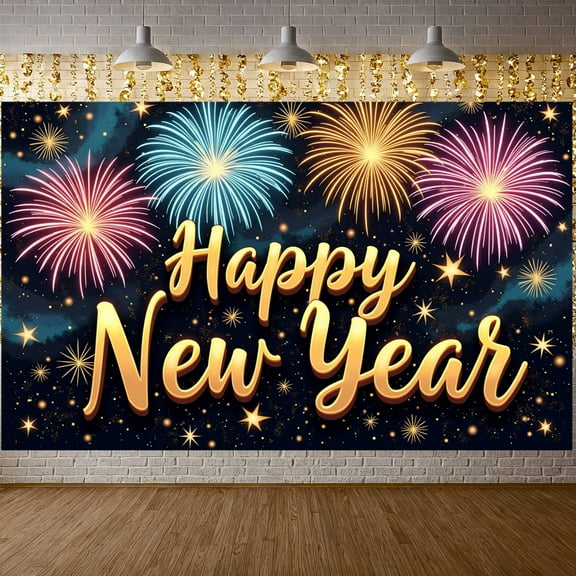 Fireworks Happy New Year Banner Starry New Year Display Colorful Golden Lettering Festive Backdrop for New Year Party Holiday Celebration Indoor Decoration