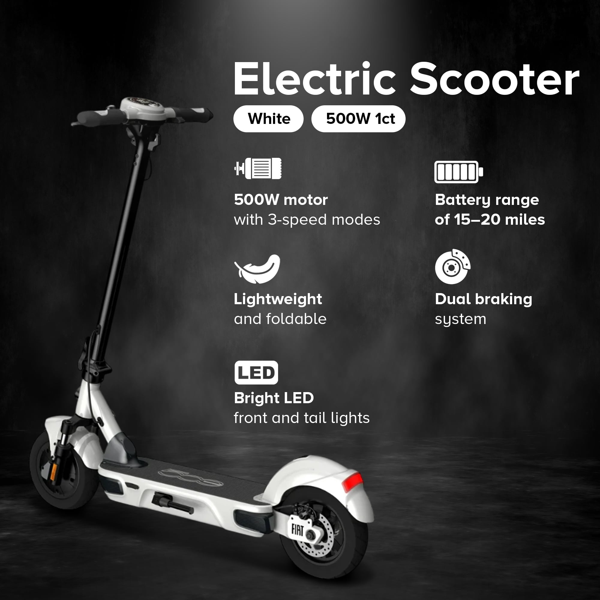 Fiat 500W Electric Scooter, Foldable Scooter for Adults with 10” Tubeless Tires, Chalk