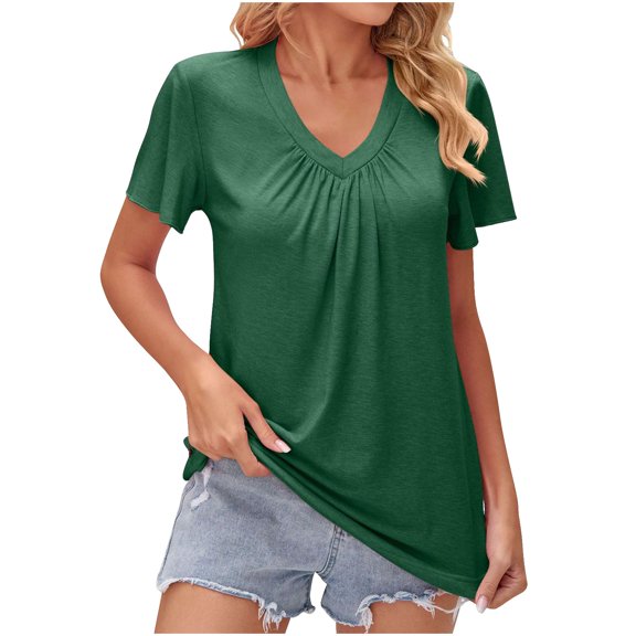 HAPIMO Women's Trendy Loose Cotton Lined Pullover Dressy Tunic Clearance Summer Tees for Teen Girls Solid Color Ruched Short Sleeve Casual Workout Blouses V Neck Shirts Green L