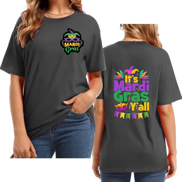 Prolriy Tenue de Mardi Gras pour Femmes C'est Mardi Yall T-Shirt à Manches Courtes Col Rond Imprimé Lettres pour Femmes, Hauts pour Femmes Gris Foncé S