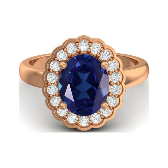 925 Sterling Silver Rose Vermeil 6mm Round Blue CZ Solitaire Women Ring