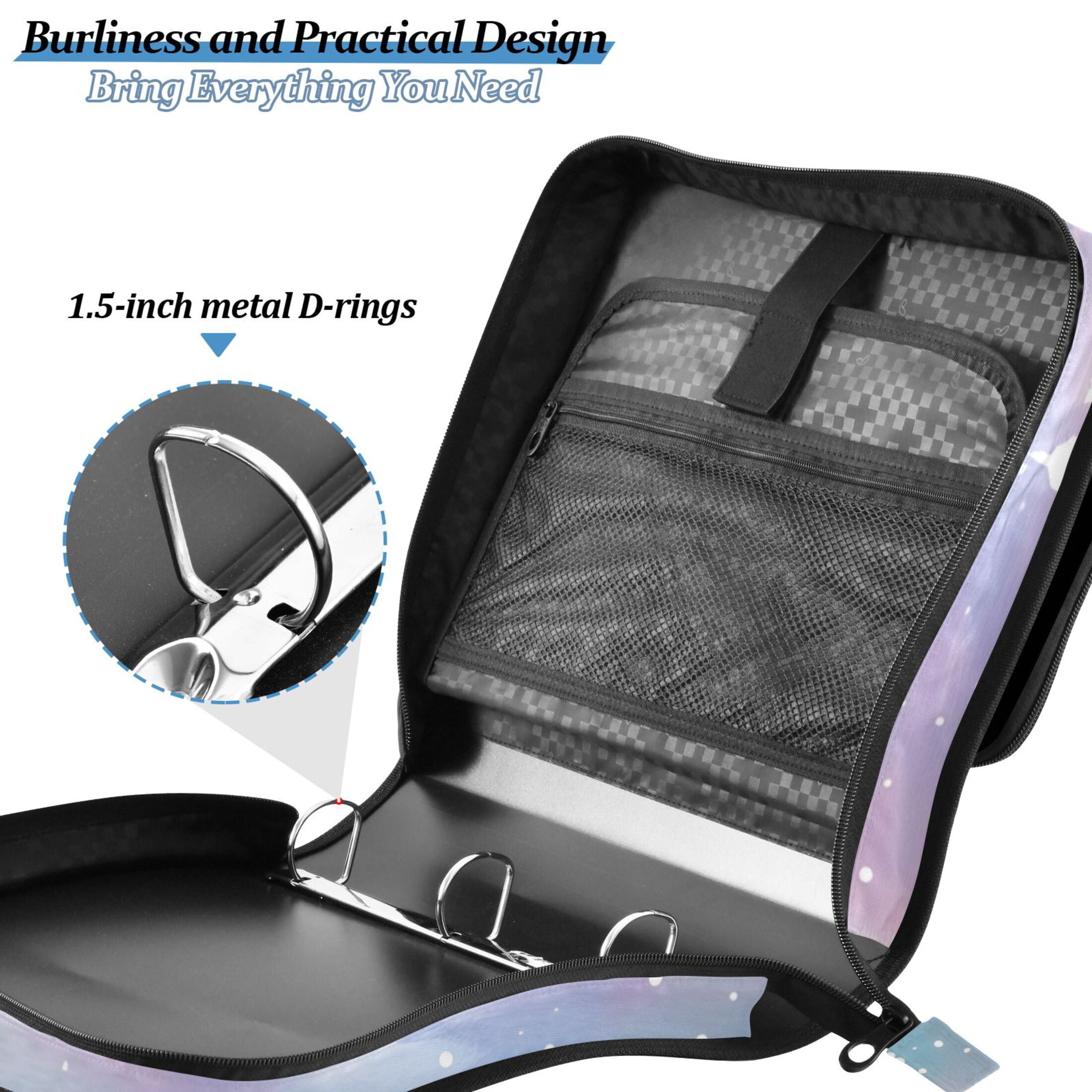 Zipper Binder Blur Blue Purple Stars 1.5 Inch Binder Folder Bag with Shoulder Strap and Handle