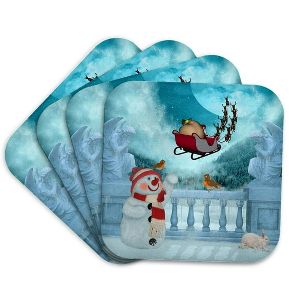 3drose, Christmas, Santa Claus and Reindeer in the Sky, Snowman, Set of 4 Coasters - Soft