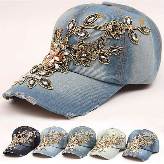 Cheers.US Womens Cute Lace Flowers Baseball Cap with Jewel Rhinestone Bling Hats Jeans Wash Denim Snapback