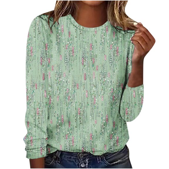 WREESH Womens Fashion T-Shirts Casual Long Sleeve Printing Round Neck Loose T-Shirt Blouse Tops Green