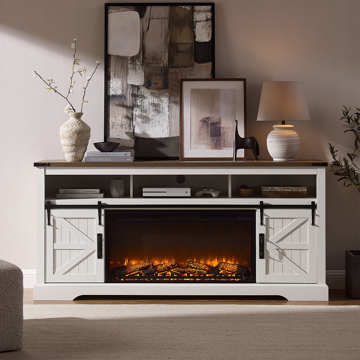 KeyWhat Farmhouse Fireplace TV Stand for TVs up to 80", 37" Electric Fireplace & Barn Door