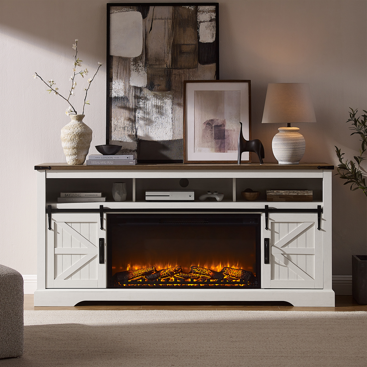 KeyWhat Farmhouse TV Stand with 37" Electric Fireplace for 80" TV photo 2