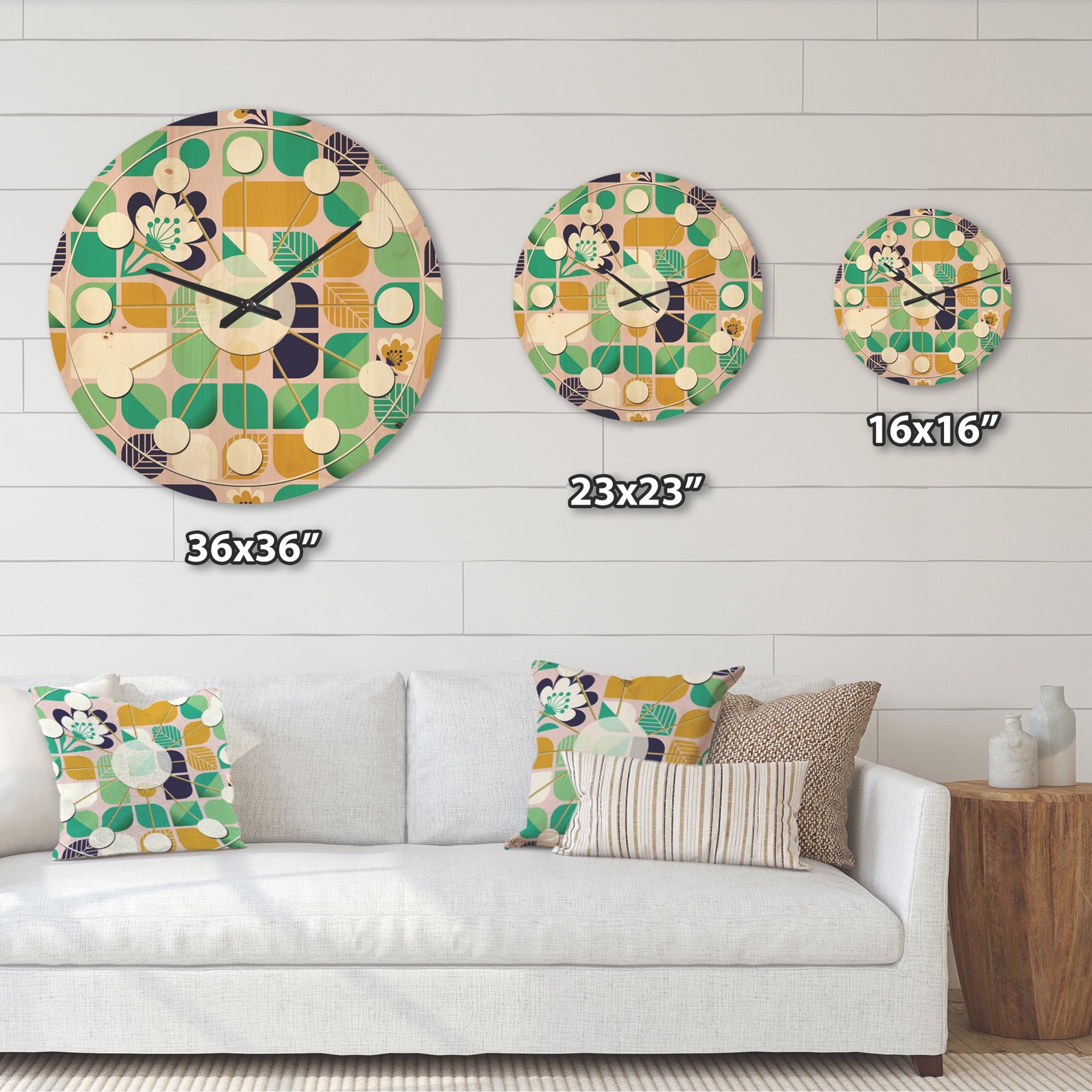 Designart 'Leaves and Flowers With Geometric Pattern' Mid-Century Modern Wood Wall Clock