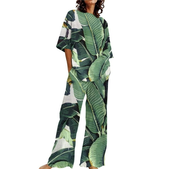 Women's Pajama Sets Short Sleeve Sleepwear Loungewear Summer Outfits For 2 Cotton Linen Set Oversized T Shirts Straight Leg Pant Tracksuit Plus Size Womens Clothing