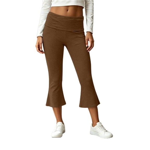 Women's Flare Capris Pants Summer Elastic Waist Foldover Yoga Cropped Pants Casual Stretchy Workout Lounge Trousers