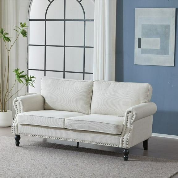 Living Room 68 Inch Nailhead Trim Sofa, 22" Deep Seat Rolled Arm, Faux Leather Upholstered with Wood Legs, Classic 2-Seater for Bedroom