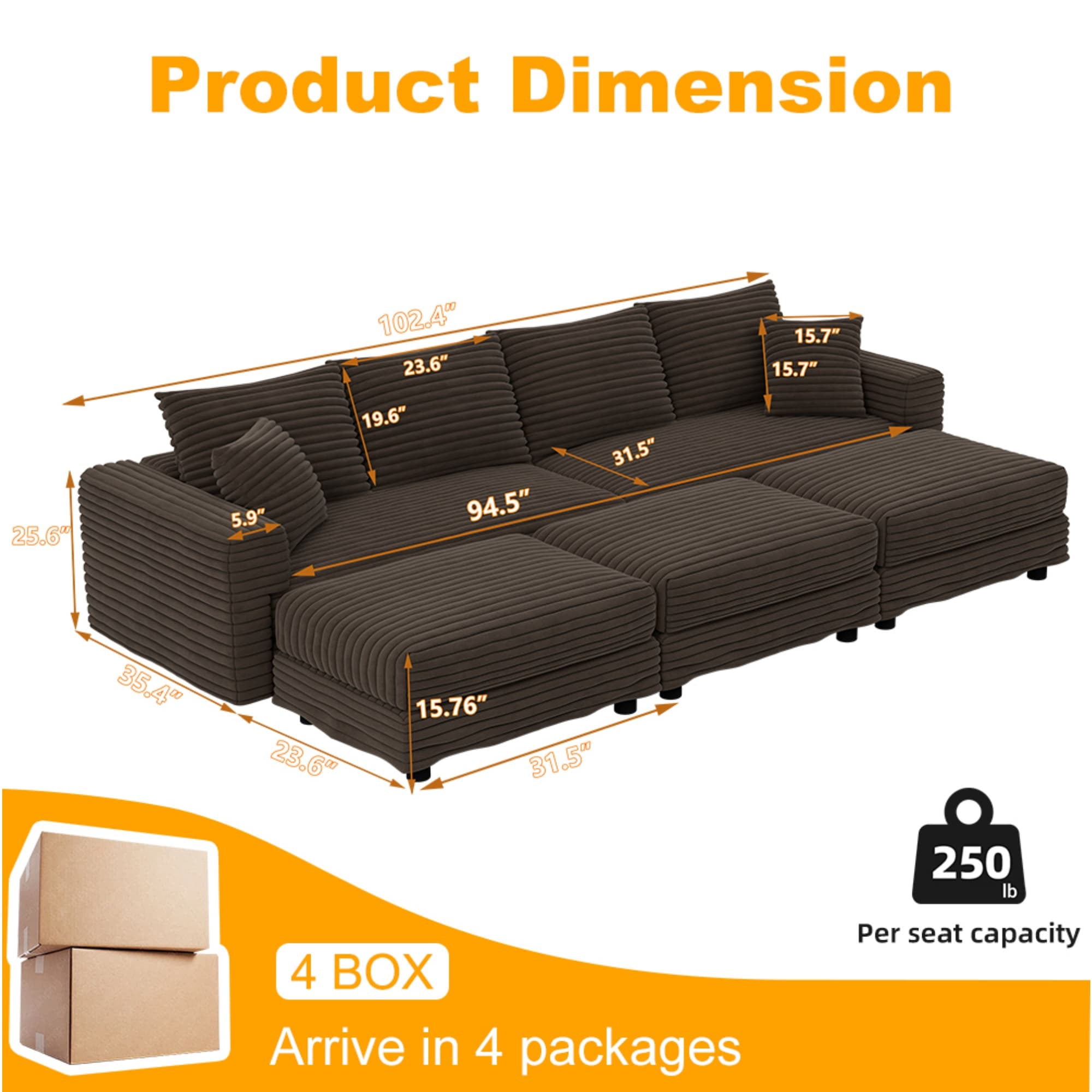 Alvantor 4-Seat Sofa with 3 Movable Ottomans 102" W Corduroy Upholstered Deep Seat Couches Convertible Chaise for Living Room, Apartment Camel