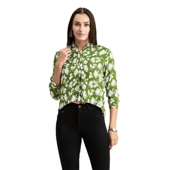 Moomaya Printed Mandarin Collar Rayon Tops For Women, Elbow Sleeve Casual Tunic Top