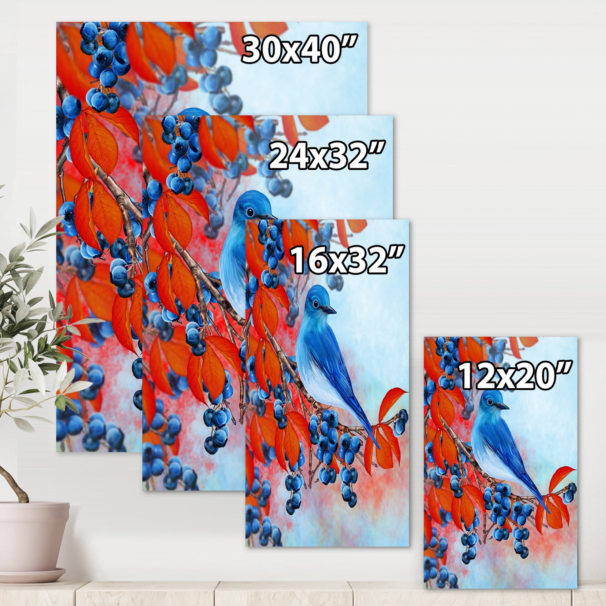 Bright Bird Bullfinch Sitting On A Branch of Berries III 12 in x 8 in Painting Canvas Art Print, by Designart