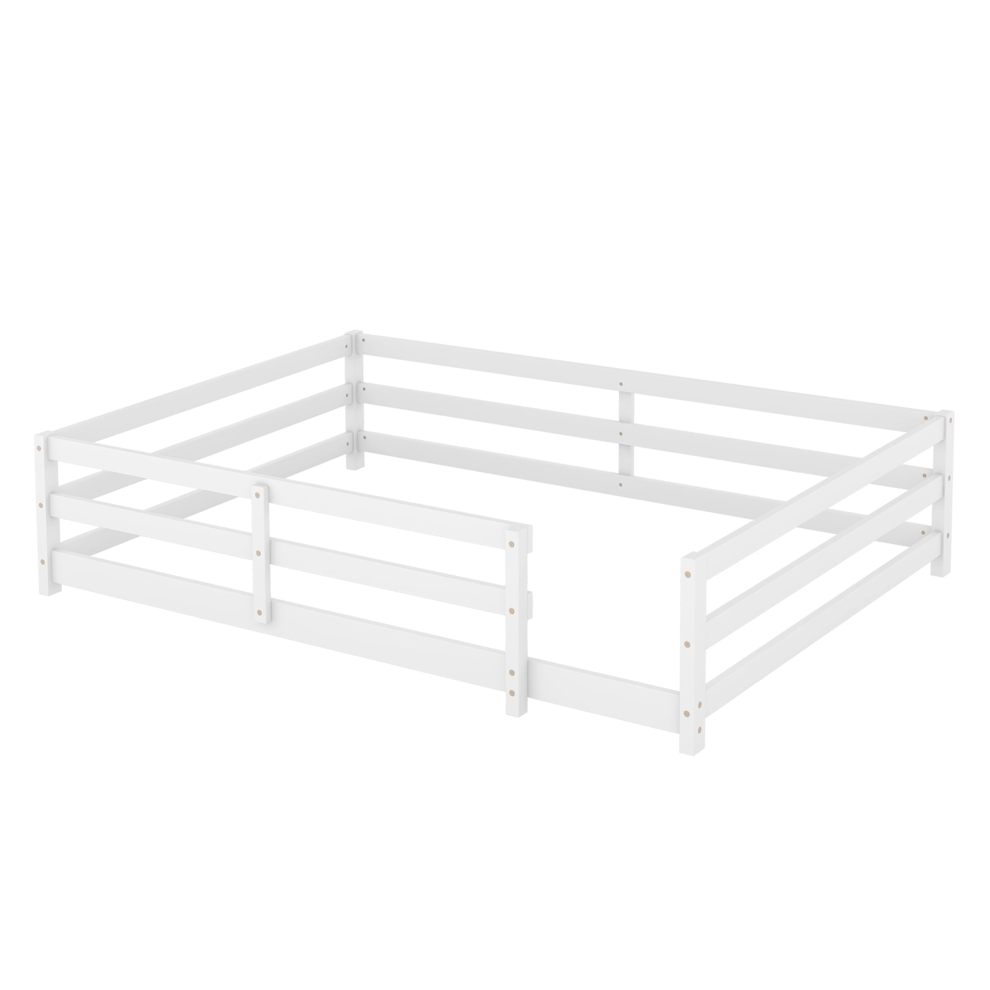 Floor Bed, Full Size Montessori Bed Frame, Wood Floor Bed with Fence and Guardrails, No Box Spring Needed, White Wood Finish