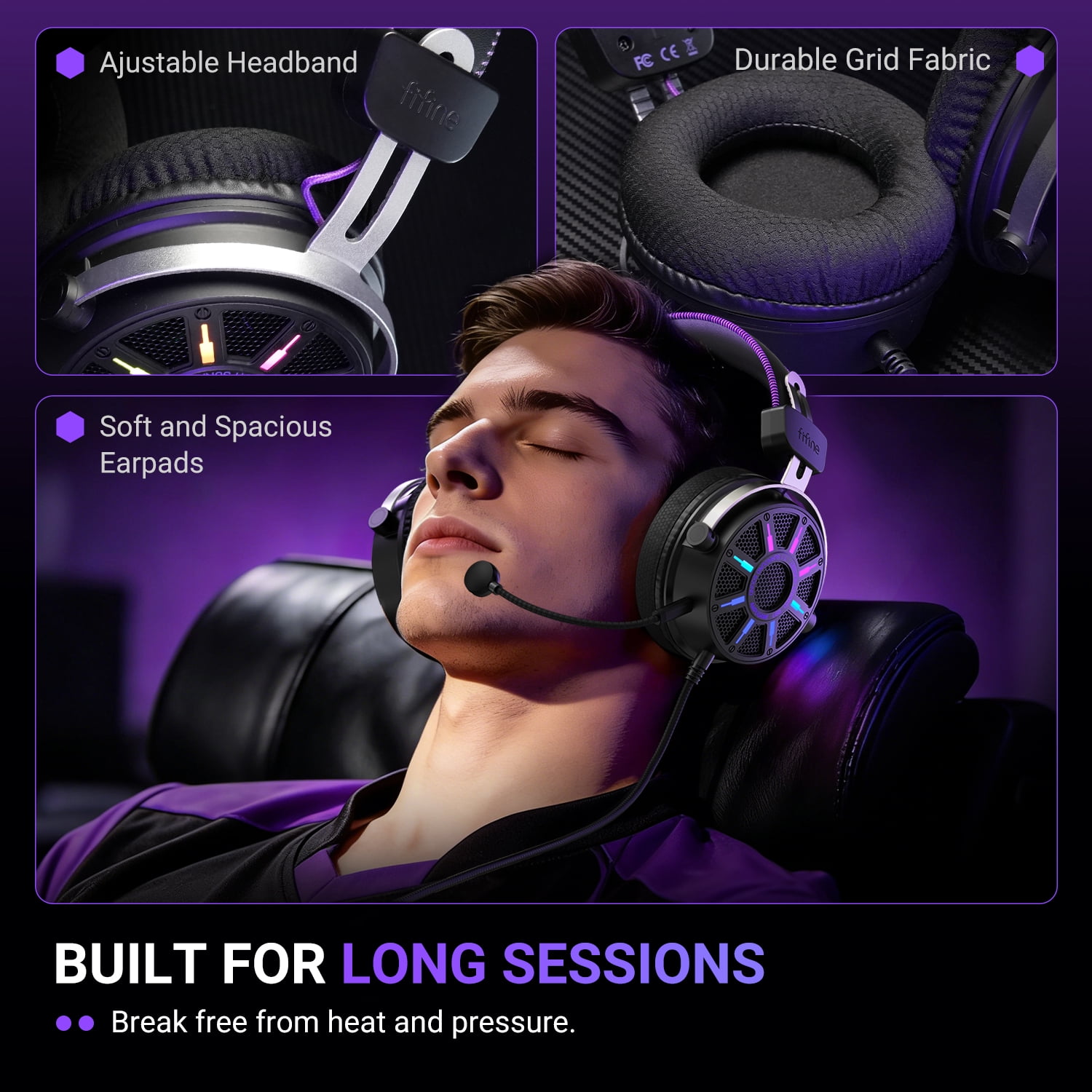 FIFINE Open-Back Gaming Headset for PC Computer, PS5/PS4, Wired Headphones with Noise-Cancelling Microphone, 7.1 Surround Sound, EQ Modes, RGB Lighting