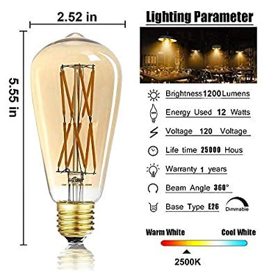 Amber Gold Glass LEOOLS 12W Vintage LED Edison Bulb Dimmable,100 Watt Incandescent Equivalent 2500K Warm White 2-Pack E26 Base Squarrel Cage Filament Vintage Light Bulb Decorative Antique Shape