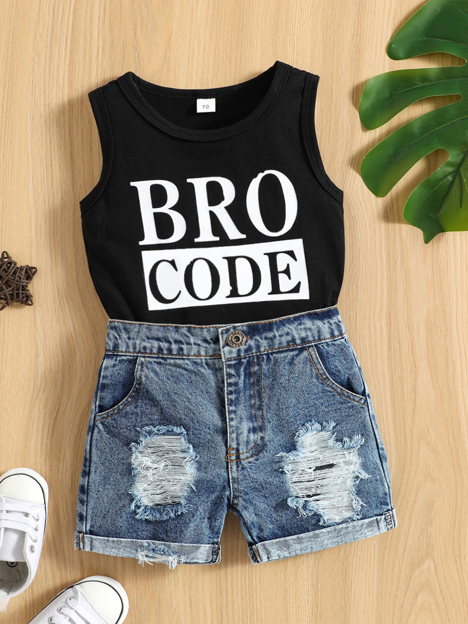 Baby Toddler Boys Summer Outfit Set Round Neck Sleeveless Letter Print Tank Tops with Ripped Denim Shorts for baby girls at 3 months to 3 years old