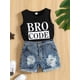 thumbnail image 3 of Conjunto de ropa de verano para bebé niño: camiseta sin mangas con estampado de letras y cuello redondo, y pantalones cortos vaqueros rasgados., 3 of 9