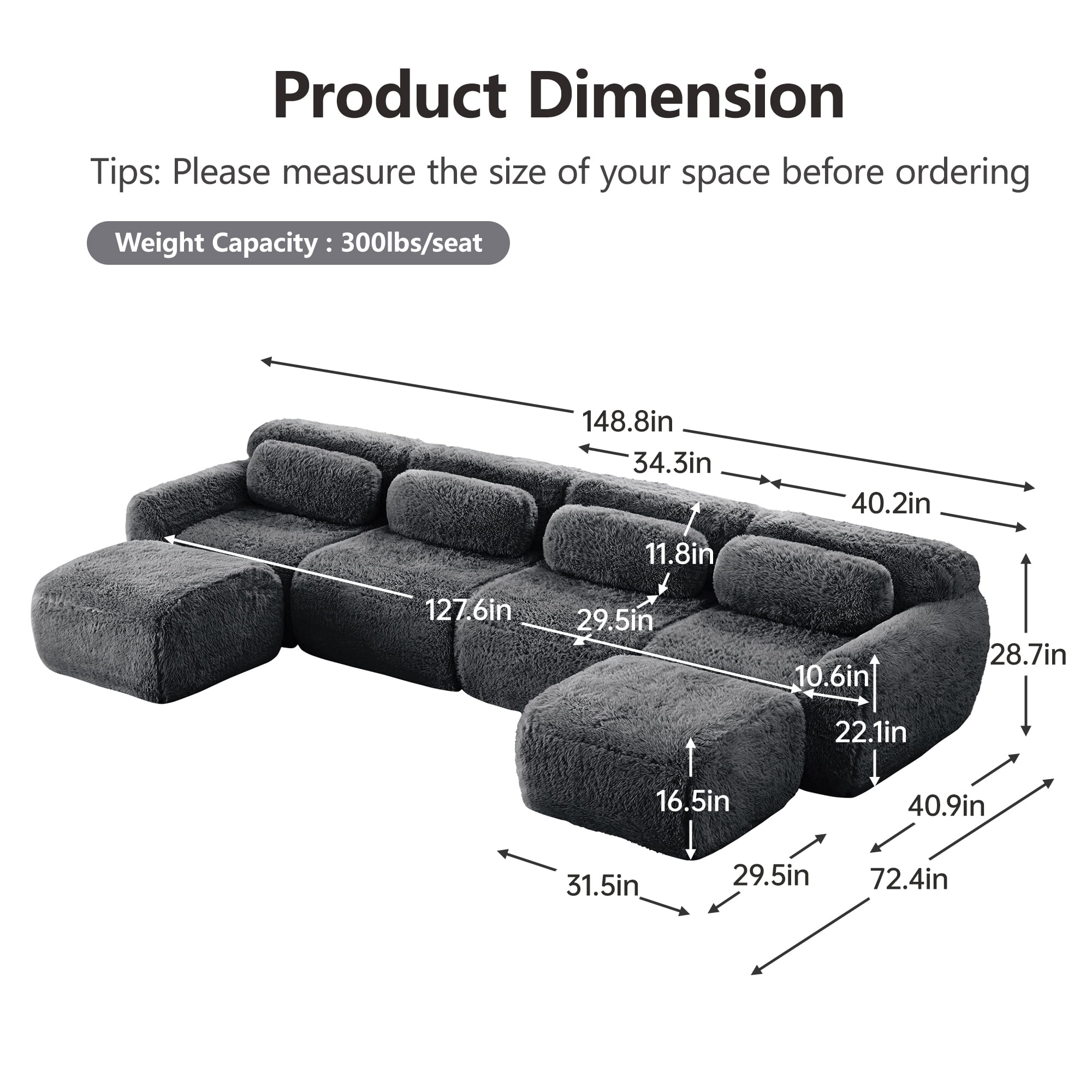 Aukfa 149" Faux Fur Modular Sectional Sofa, 6-Piece 4-Seater Deep Seat U-Shaped Couch with 2 Ottomans, Gray