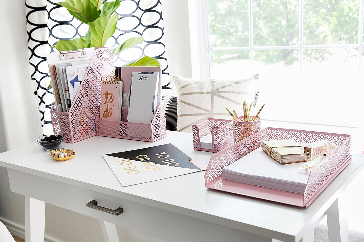 Blu Monaco Desk Organizer Set Lattice Metal 6-Compartment Desktop Organizer, Light Pink, 6 Count