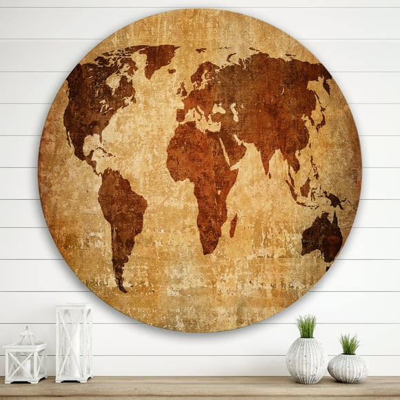 Designart - Ancient Map of The World XI - Vintage Metal Circle Wall Art