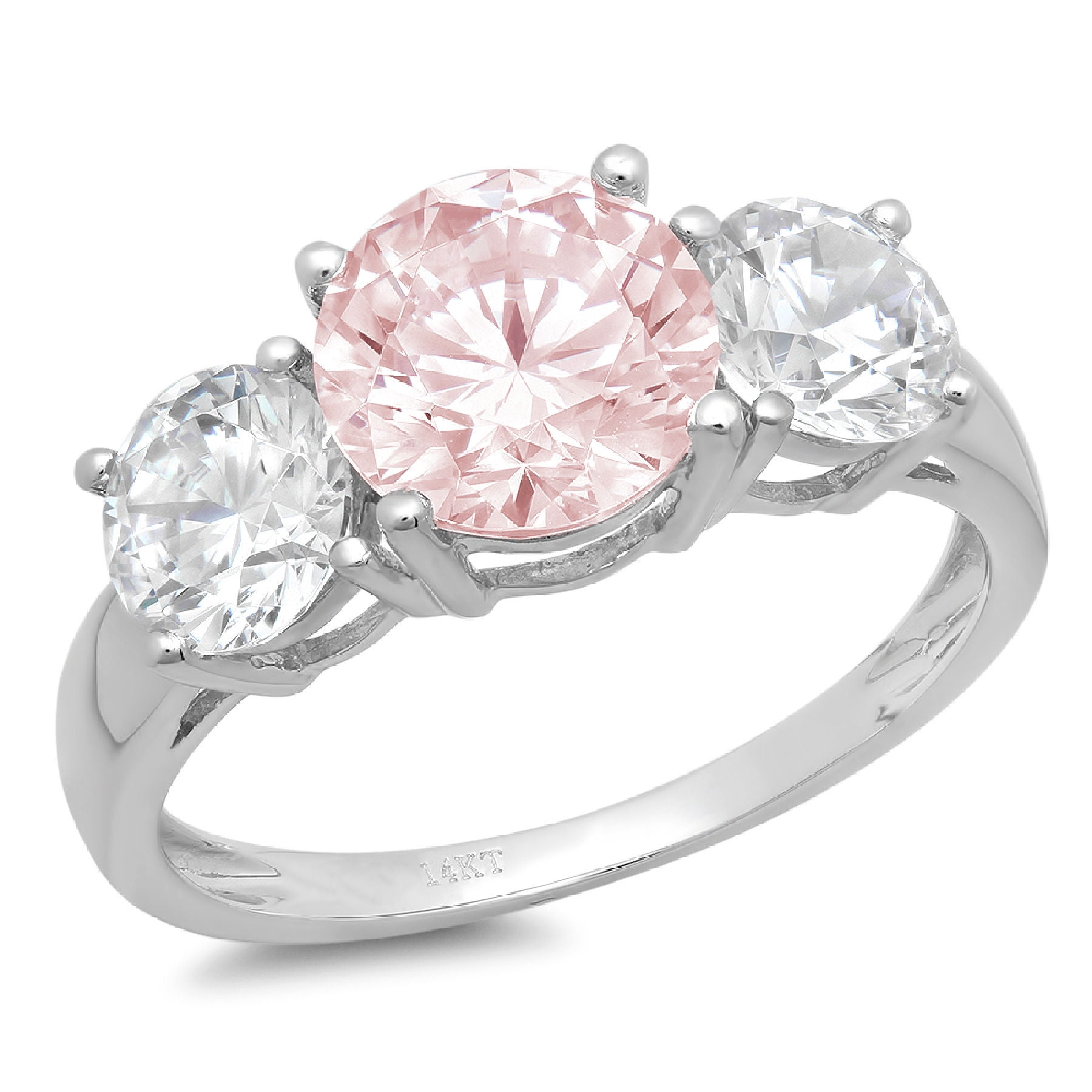 3.25 ct Brilliant Round Cut Genuine Simulated Pink Tourmaline Gemstone Real Solid 18K 14K White Gold Three-Stone Ring