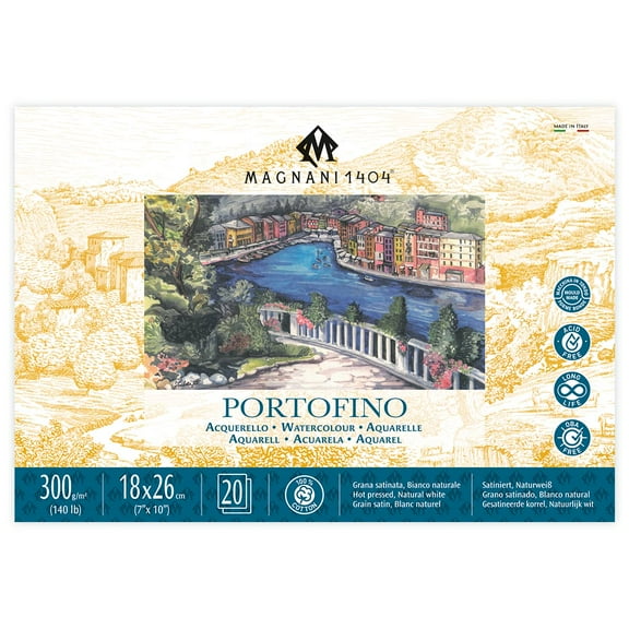 Magnani 1404 Portofino Hot Press 100% Cotton Watercolor Paper Block, 20 Sheets, 7x10" , 140 lb, Acid-Free, UV Resistant, Vegan Sized Water Color Paper for Artists, Made in Italy