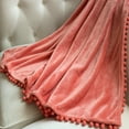 thumbnail image 2 of Flannel Blanket Soft Throw Blanket with Pompom Fringe Lightweight Bed Blanket Fit Couch Sofa(60"x 80")(Coral), 2 of 10