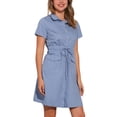 thumbnail image 4 of INSPIRE CHIC Women's Fit and Flare Collar Pocket Elastic Waist Mini Dress XS Gray Blues, 4 of 6