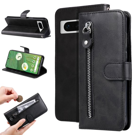 SaniMore Case for Google Pixel 8 6.3" 2023, Zipper Wallet Pocket Caed Slots Retro PU Leather Shockproof Drop-proof Flip Kickstand All-around Protective Shell For Google Pixel 8,Black
