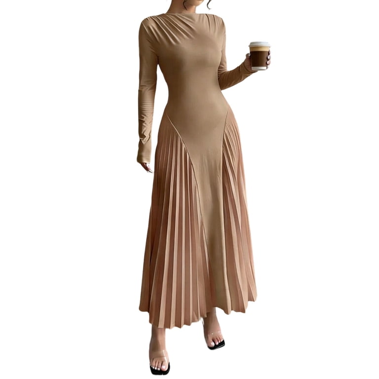 ClodeEU Women's Stretch Long Sleeve Crewneck Pleated Maxi Dress ,Fitted  Casual Ankle Length Dress Khaki,Womens Plus M - Walmart.com
